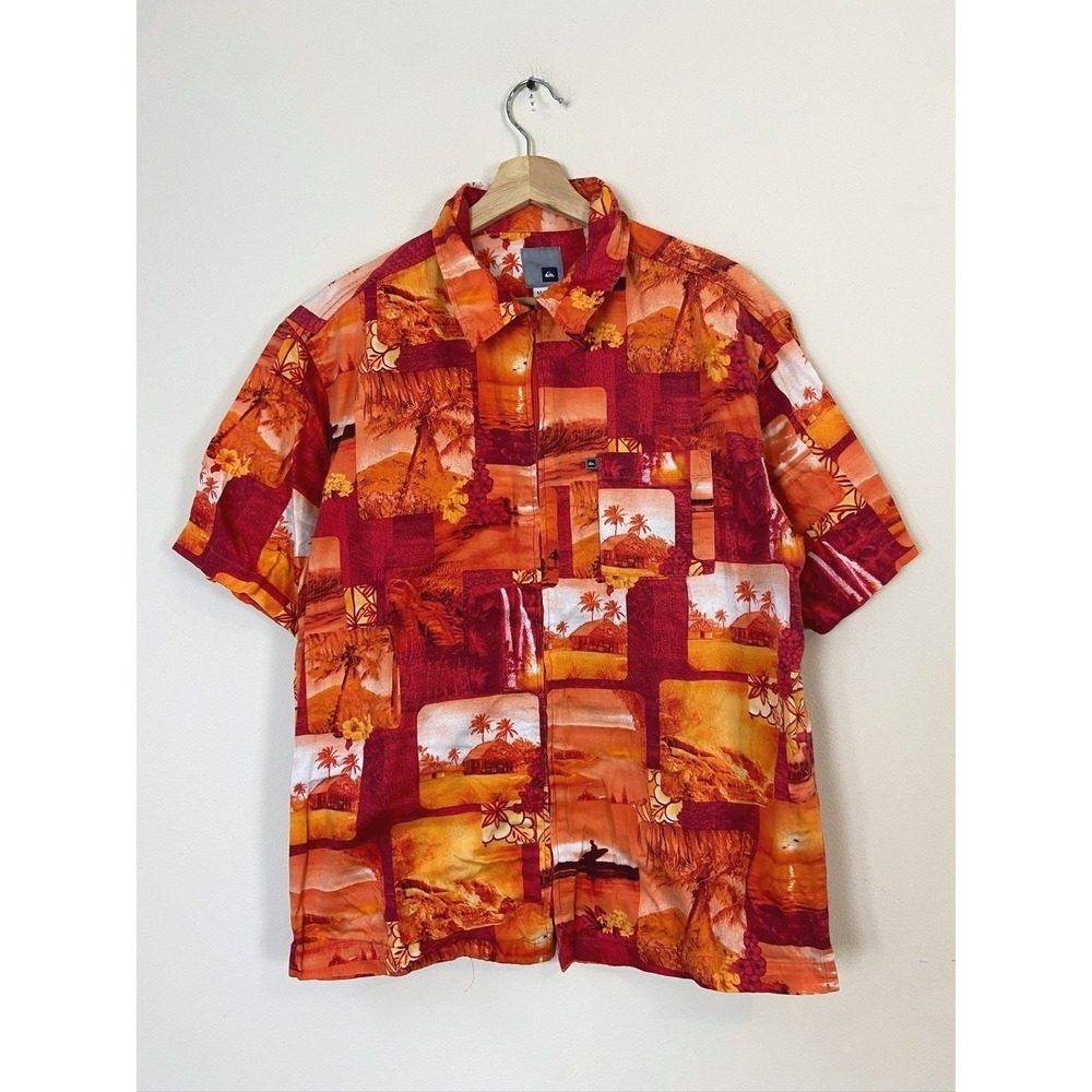 Vintage‎ y2k Quiksilver Surfing Orange Flower Zip Up Polo Tee Shirt - Medium